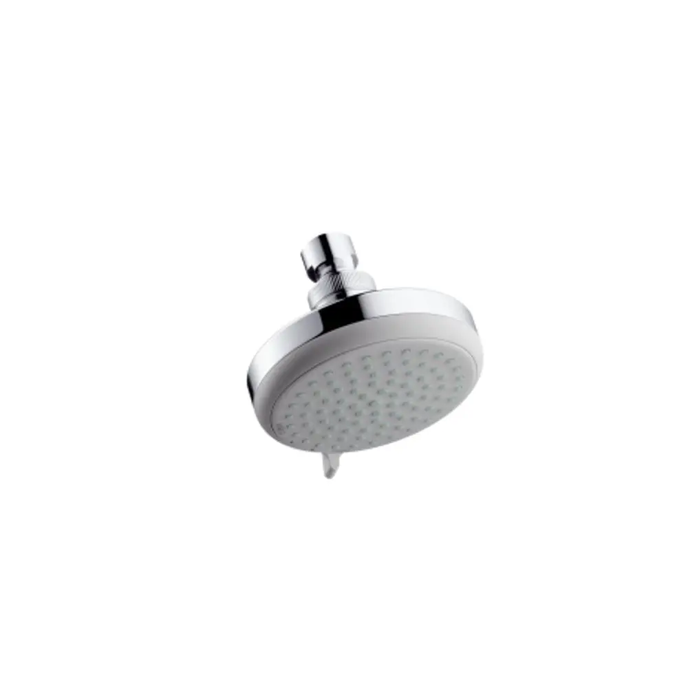 Duschkopf aus Chrom von Hansgrohe, runde Form mit vielen kleinen Düsen für Wasserstrahl, montiert auf einer Wandhalterung.
